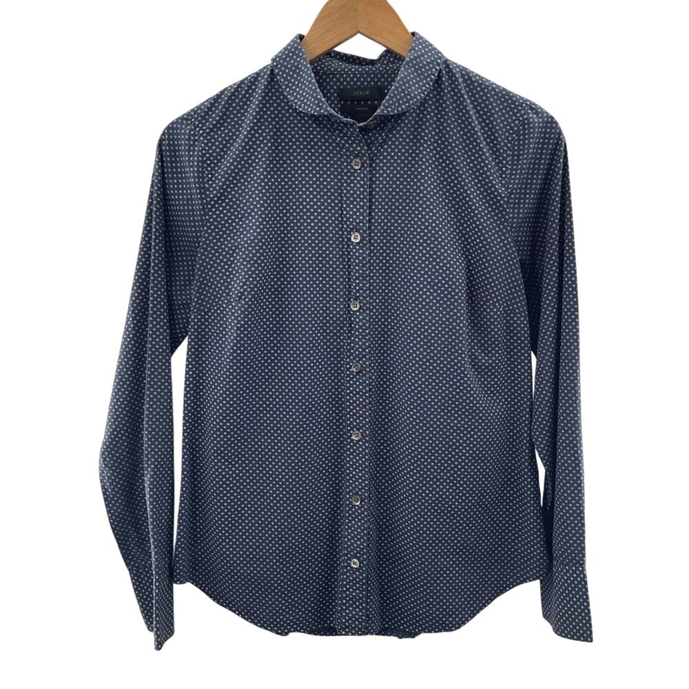 J. Crew Perfect Fit 100% Cotton Navy Blue Button Front Rounded Collar Shirt 6